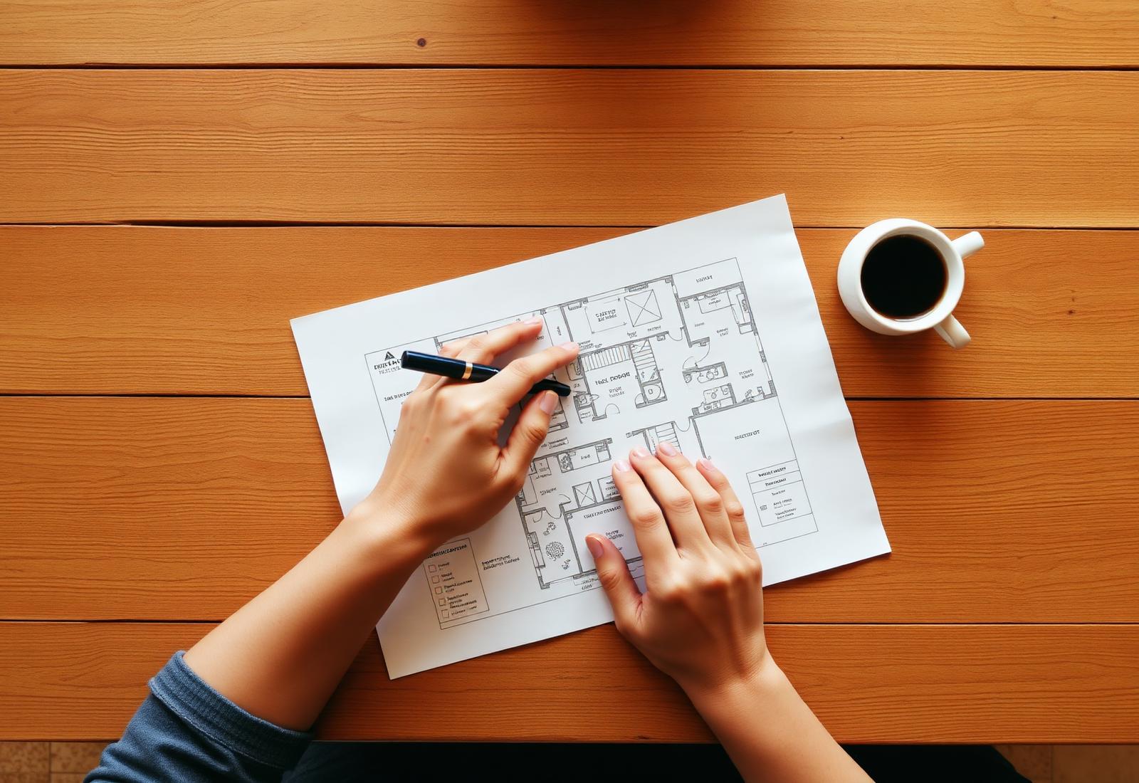 Overhead view of hands across a wooden table with a floor plan and a cup of kopi