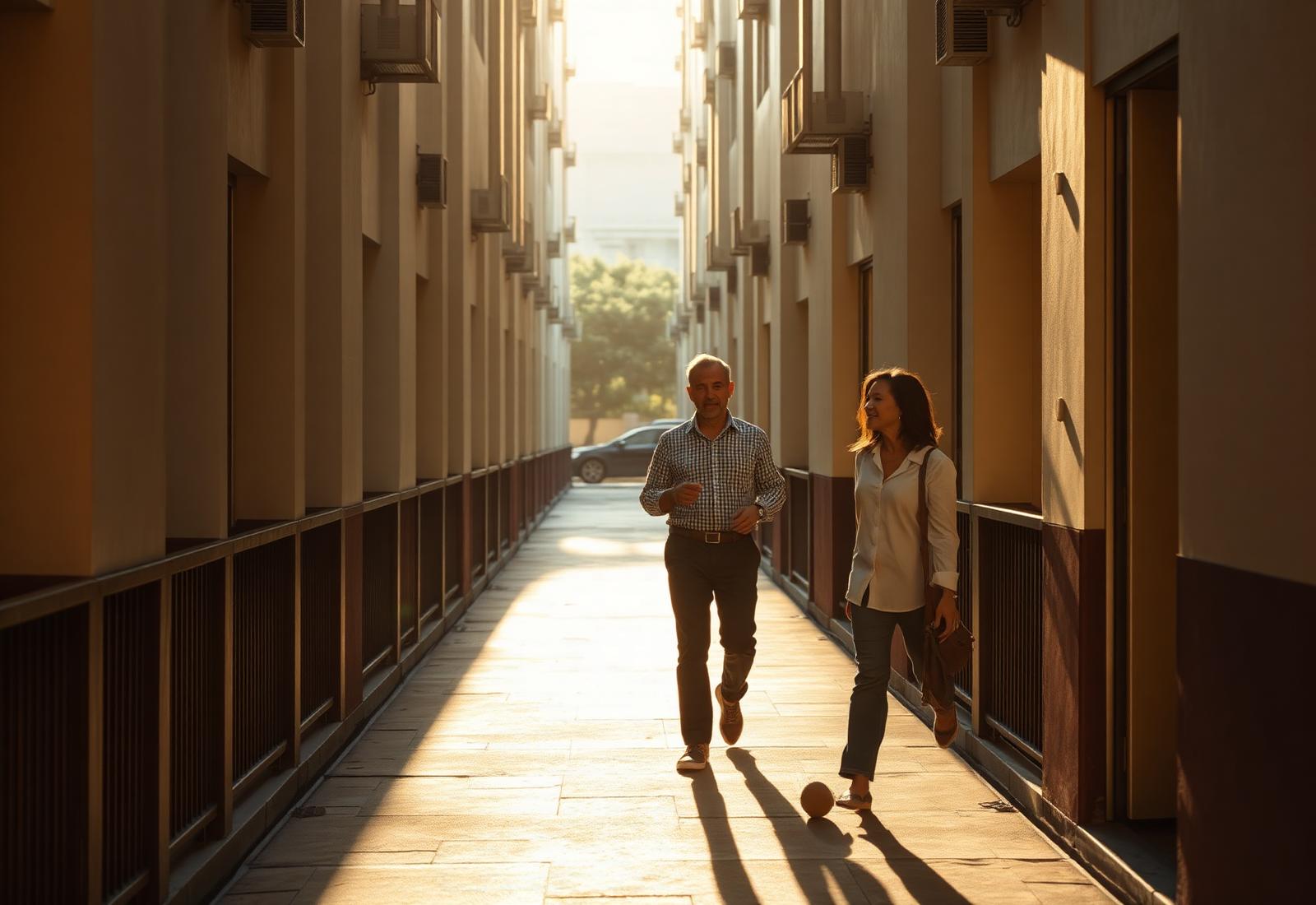 David Su walking a client through an HDB corridor in late afternoon light