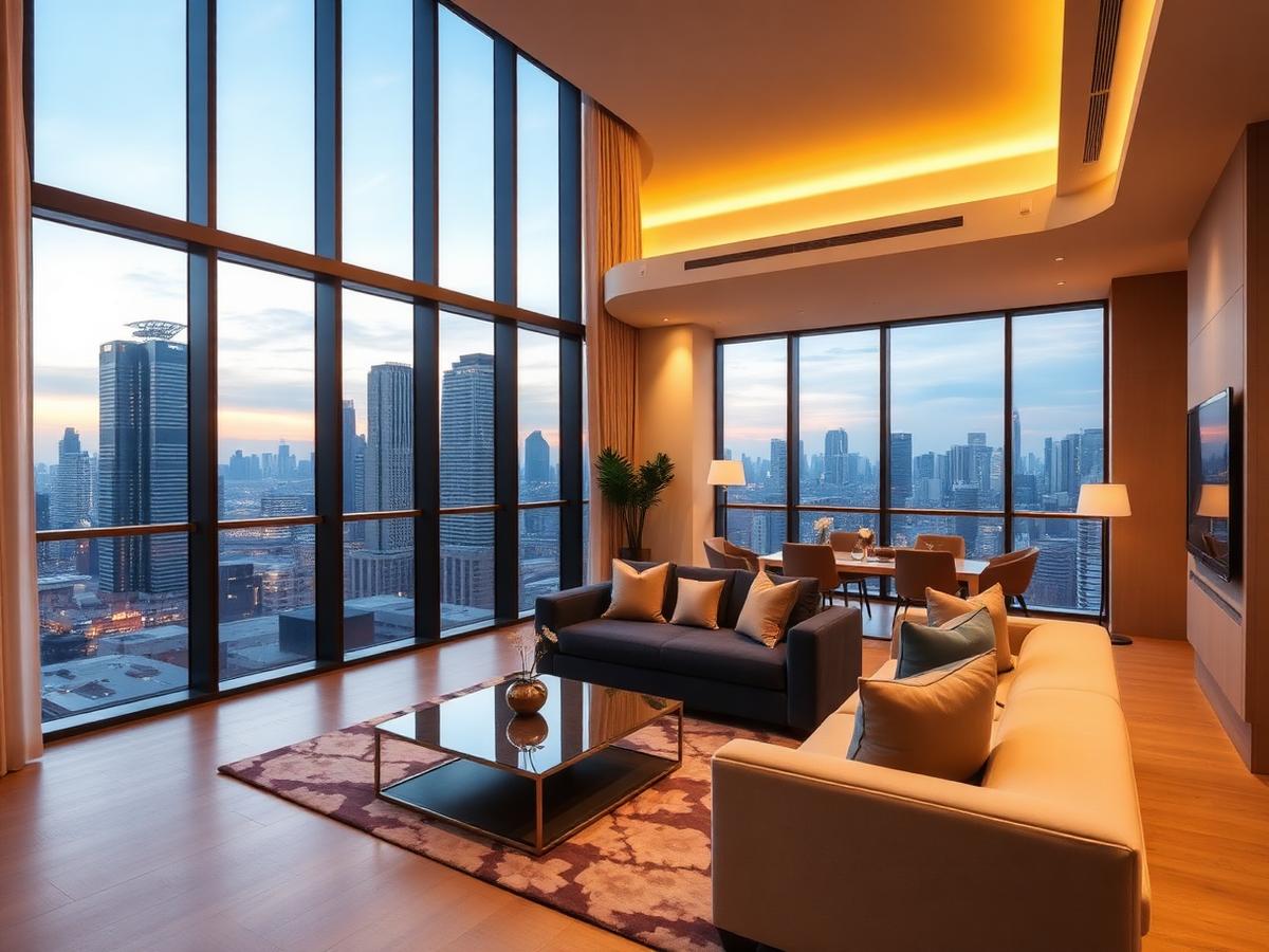 Modern River Valley condo with floor-to-ceiling windows and city skyline view at dusk
