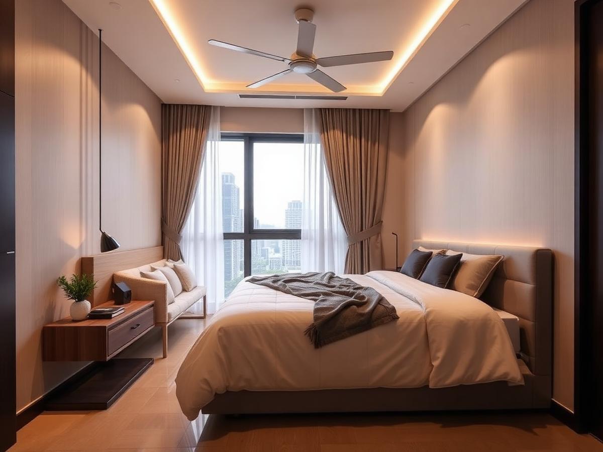 New launch condo bedroom showflat with warm lighting and balcony view
