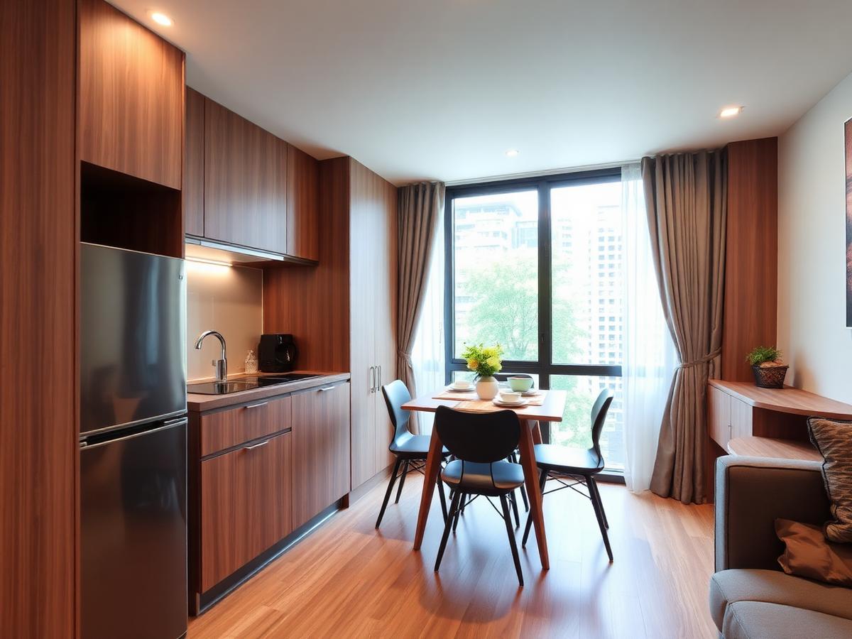 Cozy Novena rental condo with compact open kitchen and warm wood tones
